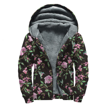 Vintage Floral Hummingbird Print Sherpa Lined Zip Up Hoodie
