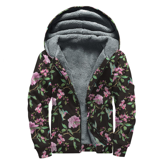 Vintage Floral Hummingbird Print Sherpa Lined Zip Up Hoodie