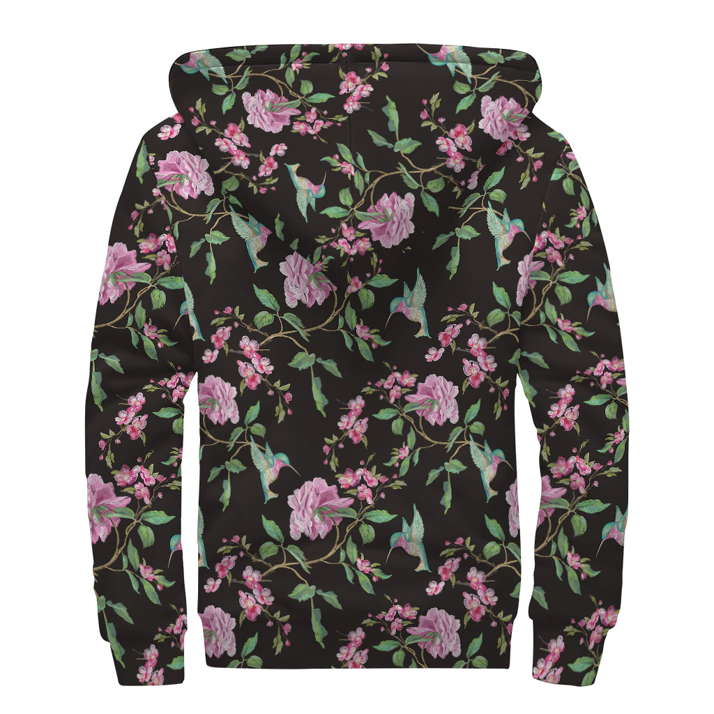 Vintage Floral Hummingbird Print Sherpa Lined Zip Up Hoodie