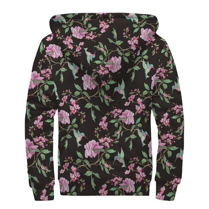 Vintage Floral Hummingbird Print Sherpa Lined Zip Up Hoodie