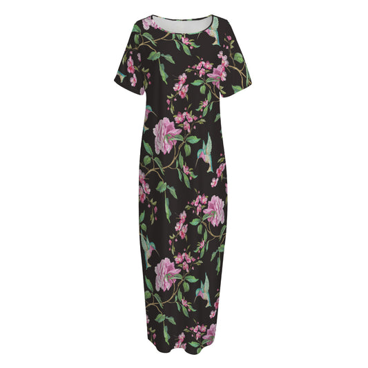 Vintage Floral Hummingbird Print Short Sleeve Long Nightdress