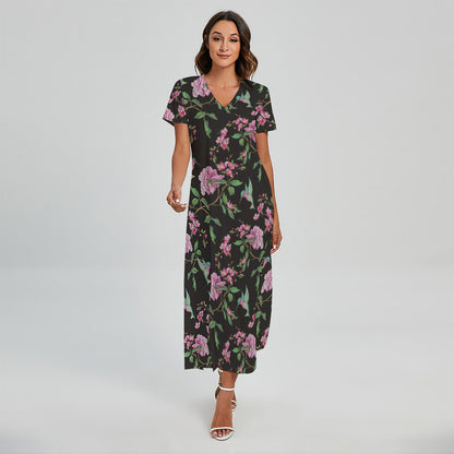 Vintage Floral Hummingbird Print Short Sleeve Maxi Dress