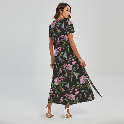 Vintage Floral Hummingbird Print Short Sleeve Maxi Dress