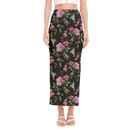 Vintage Floral Hummingbird Print Side Slit Maxi Skirt