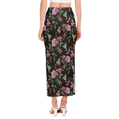 Vintage Floral Hummingbird Print Side Slit Maxi Skirt