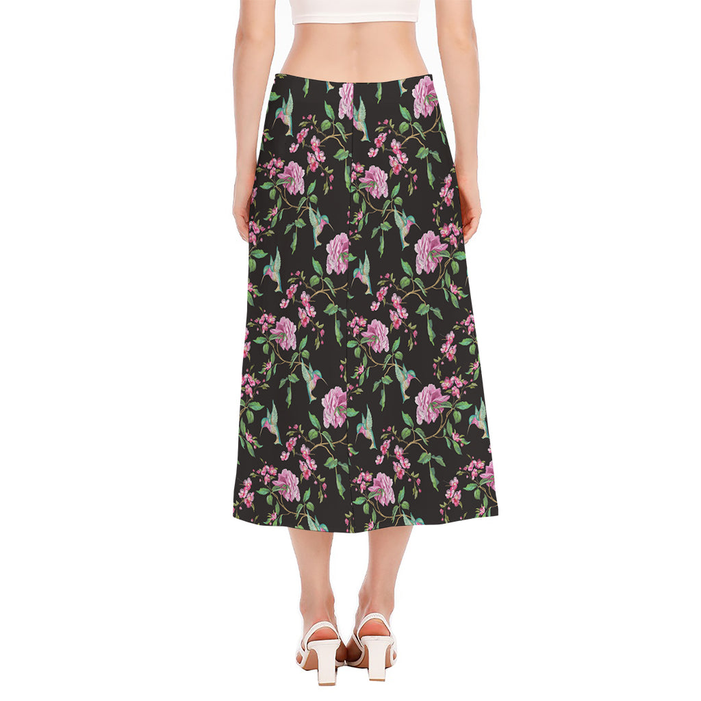 Vintage Floral Hummingbird Print Side Slit Midi Skirt
