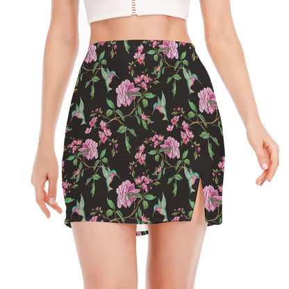 Vintage Floral Hummingbird Print Side Slit Mini Skirt