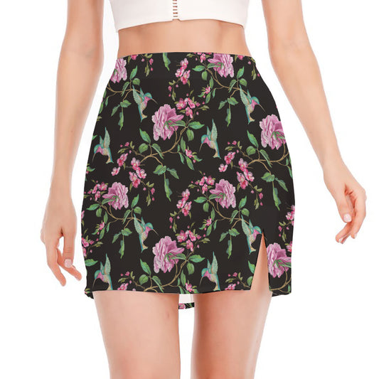 Vintage Floral Hummingbird Print Side Slit Mini Skirt