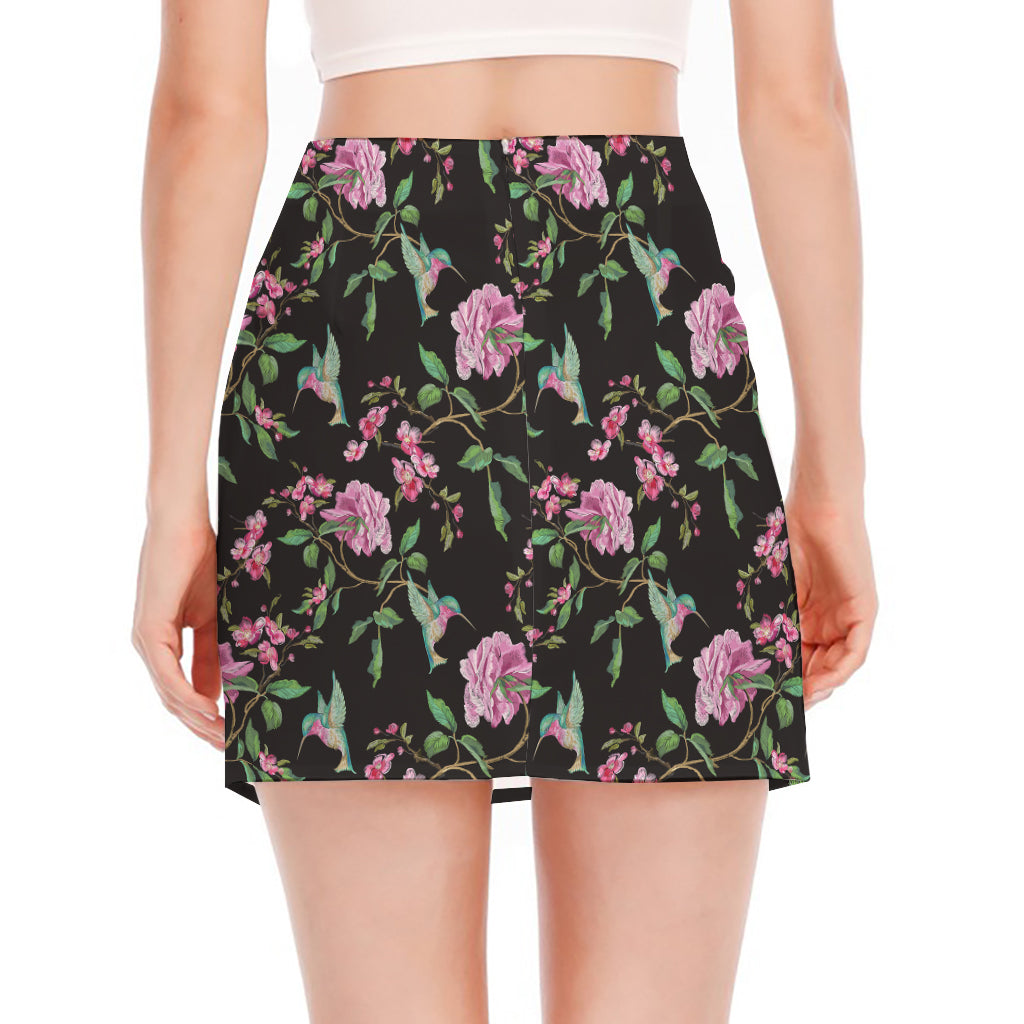 Vintage Floral Hummingbird Print Side Slit Mini Skirt