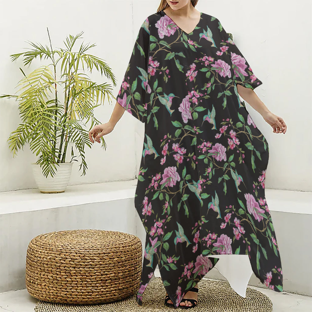 Vintage Floral Hummingbird Print Silk V-Neck Kaftan Dress