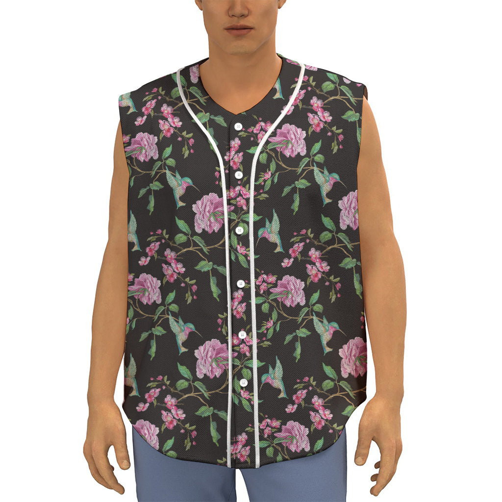Vintage Floral Hummingbird Print Sleeveless Baseball Jersey
