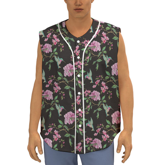 Vintage Floral Hummingbird Print Sleeveless Baseball Jersey