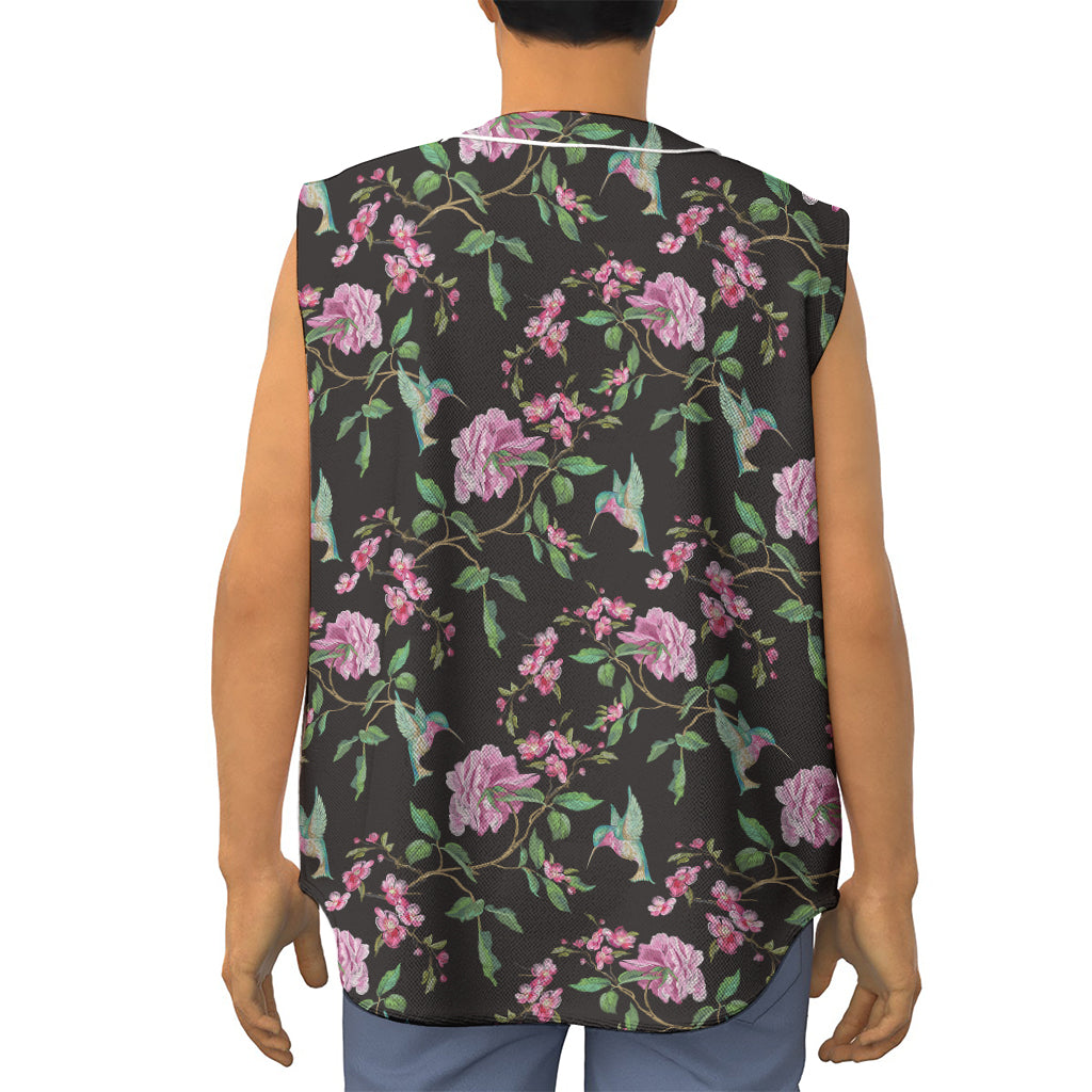 Vintage Floral Hummingbird Print Sleeveless Baseball Jersey