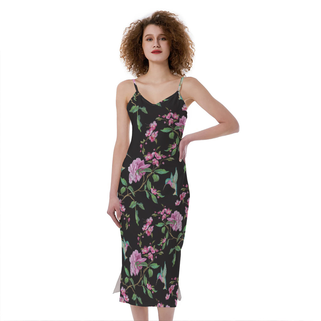 Vintage Floral Hummingbird Print Slim Fit Midi Cami Dress Vintage Floral Hummingbird Print Slim Fit Midi Cami Dress
