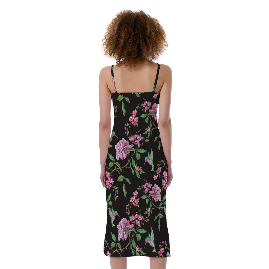 Vintage Floral Hummingbird Print Slim Fit Midi Cami Dress