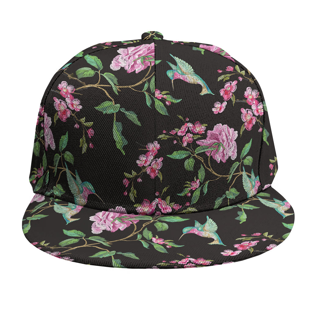 Vintage Floral Hummingbird Print Snapback Cap