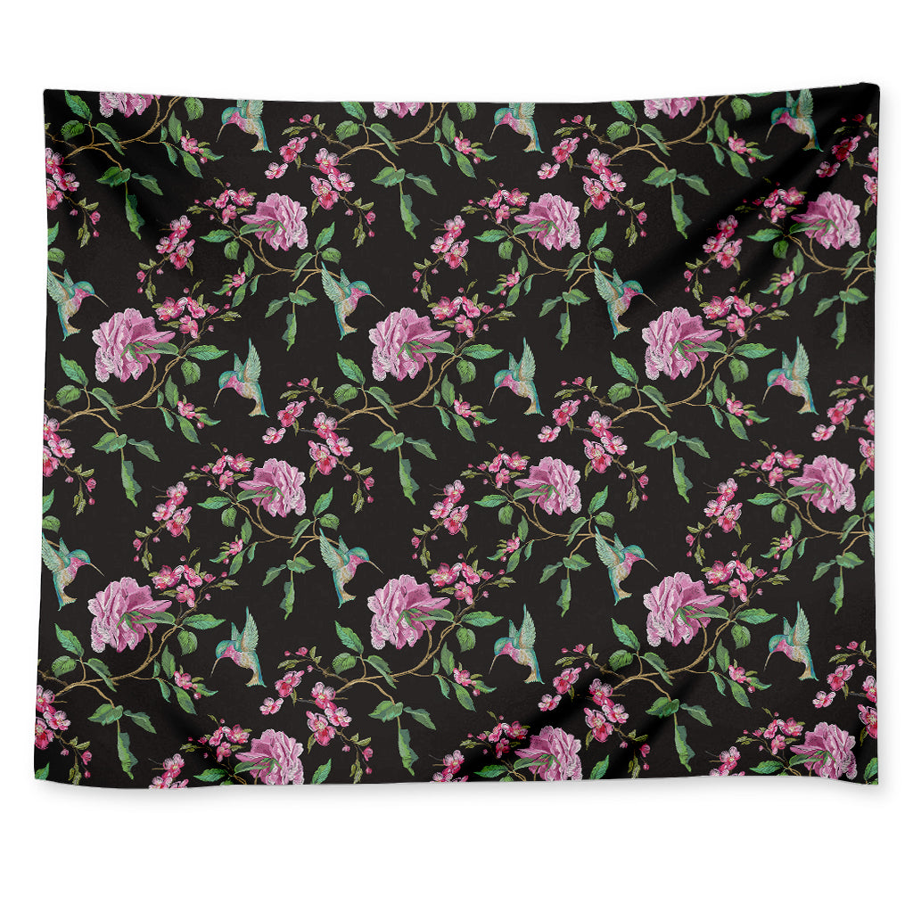 Vintage Floral Hummingbird Print Tapestry