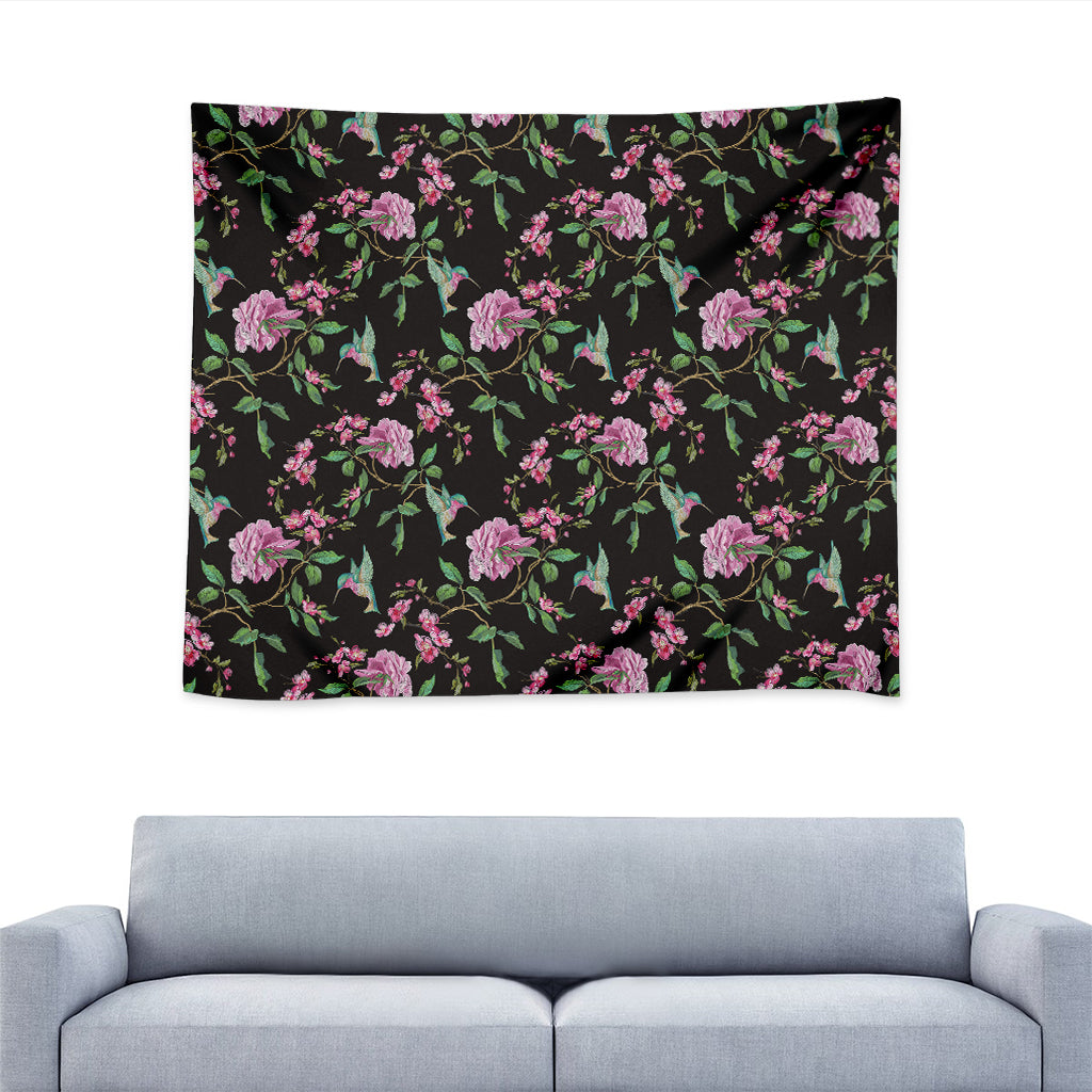 Vintage Floral Hummingbird Print Tapestry