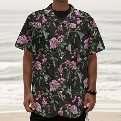 Vintage Floral Hummingbird Print Textured Short Sleeve Shirt