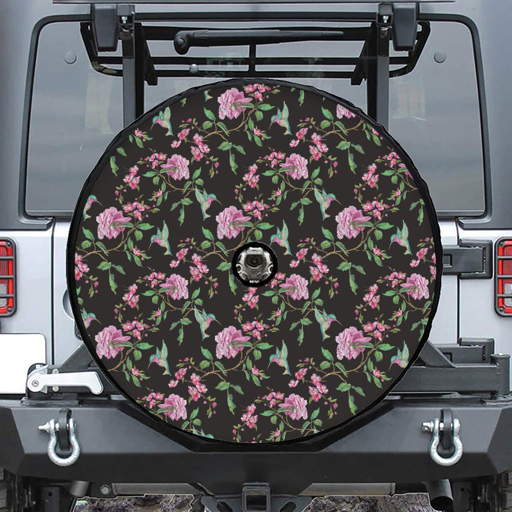 Vintage Floral Hummingbird Print Tire Cover With Camera Hole
