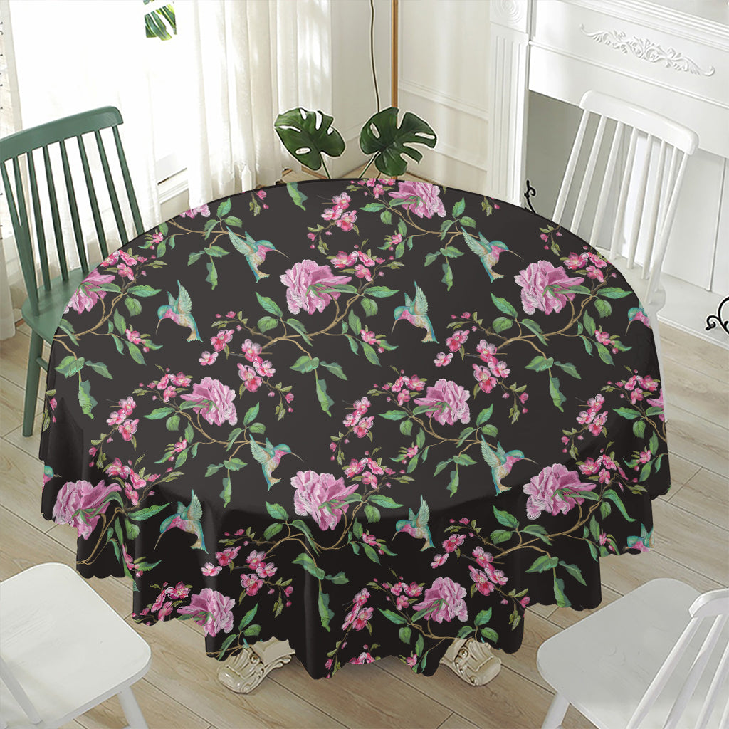 Vintage Floral Hummingbird Print Waterproof Round Tablecloth