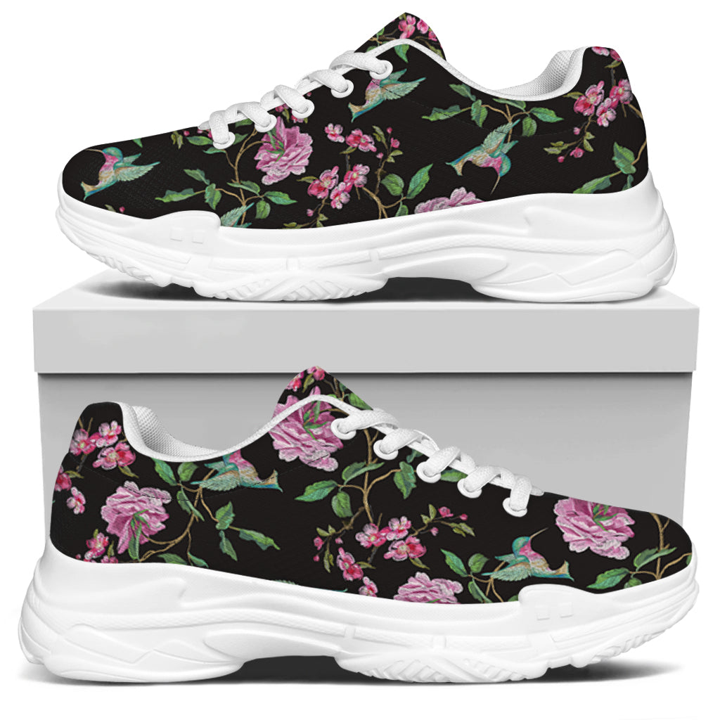 Vintage Floral Hummingbird Print White Chunky Shoes