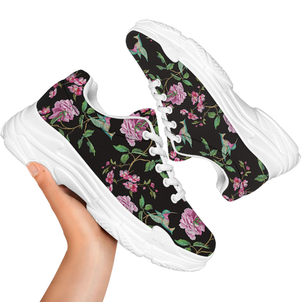 Vintage Floral Hummingbird Print White Chunky Shoes