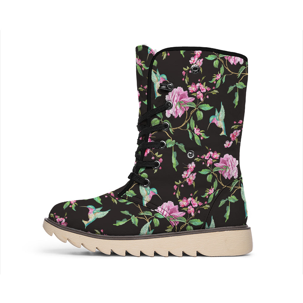 Vintage Floral Hummingbird Print Winter Boots