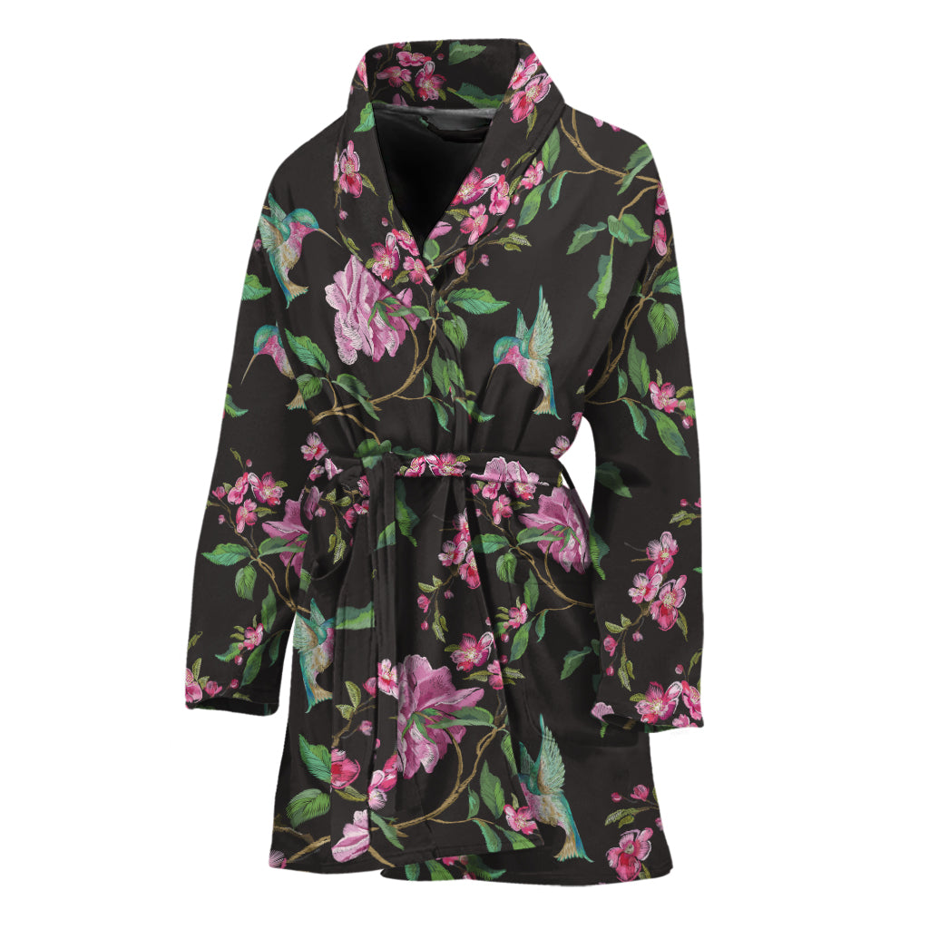 Vintage Floral Hummingbird Print Women's Bathrobe