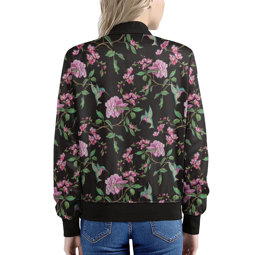 Vintage Floral Hummingbird Print Women's Bomber Jacket