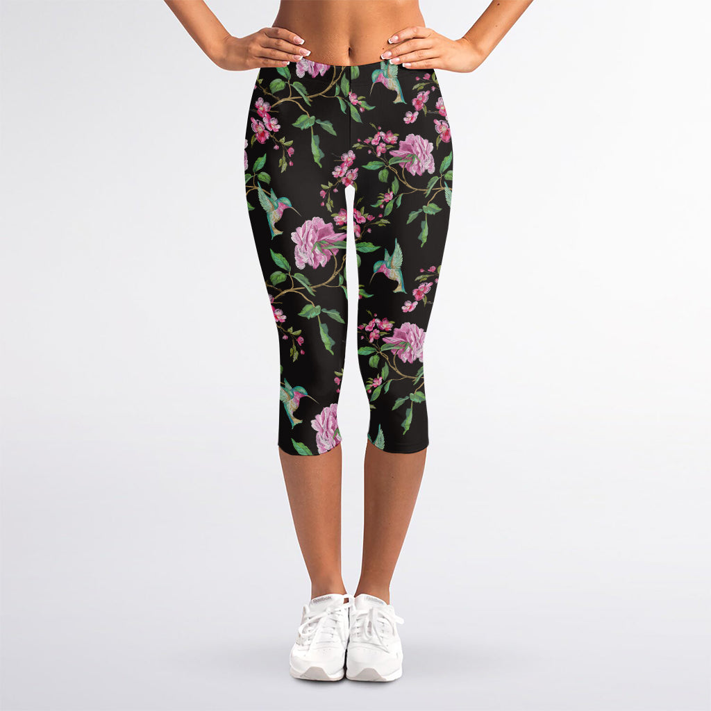 Vintage Floral Hummingbird Print Women's Capri Leggings