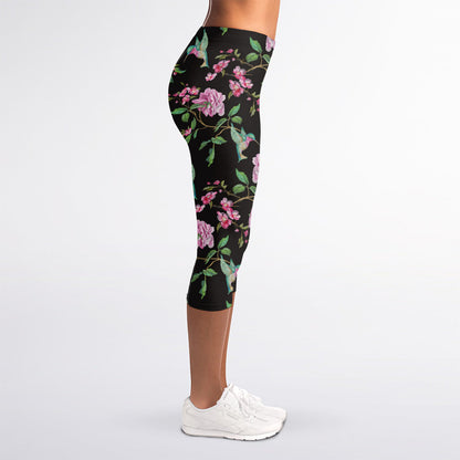 Vintage Floral Hummingbird Print Women's Capri Leggings
