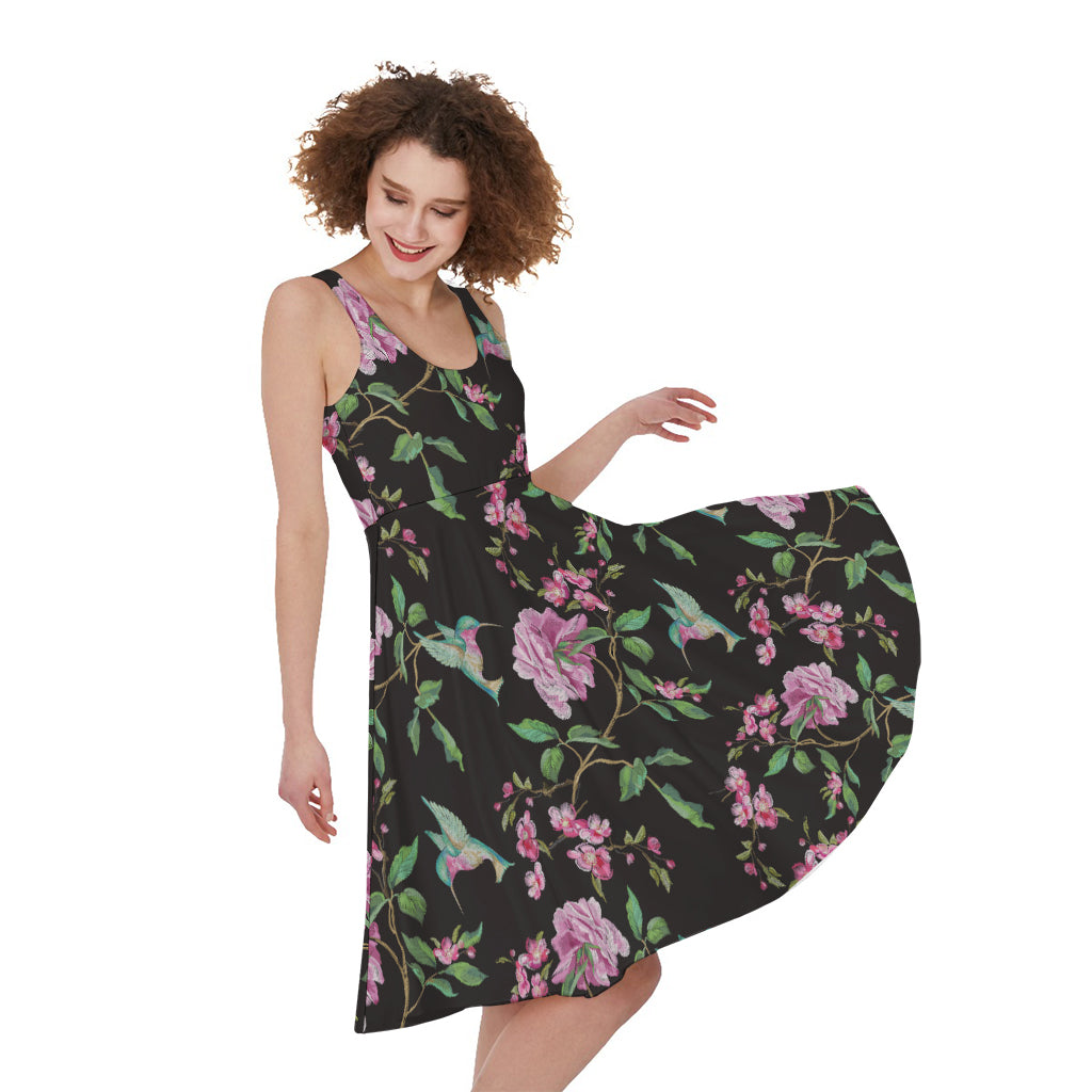 Vintage Floral Hummingbird Print Women's Sleeveless Dress