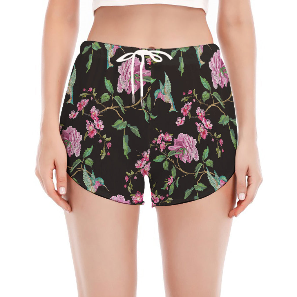 Vintage Floral Hummingbird Print Women's Split Running Shorts