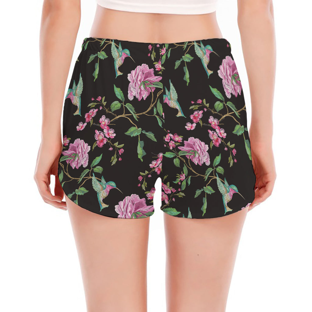 Vintage Floral Hummingbird Print Women's Split Running Shorts