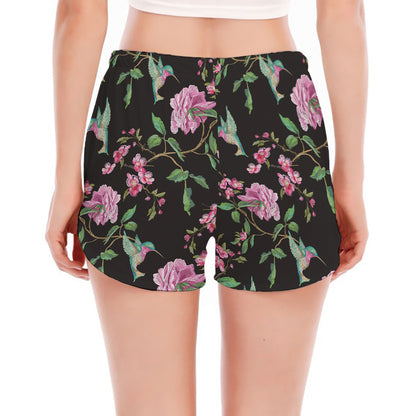 Vintage Floral Hummingbird Print Women's Split Running Shorts
