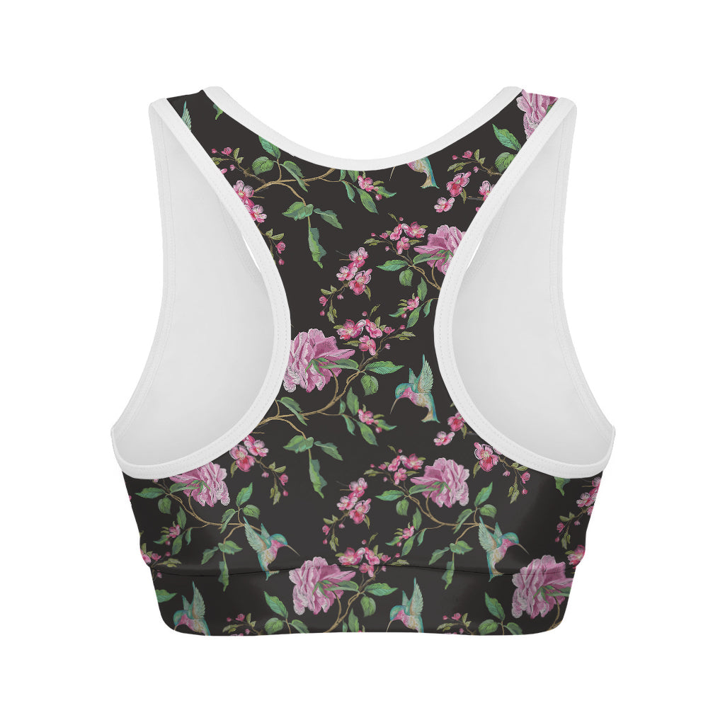 Vintage Floral Hummingbird Print Women's Sports Bra