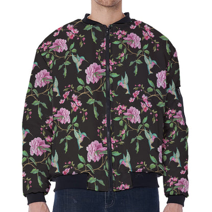 Vintage Floral Hummingbird Print Zip Sleeve Bomber Jacket