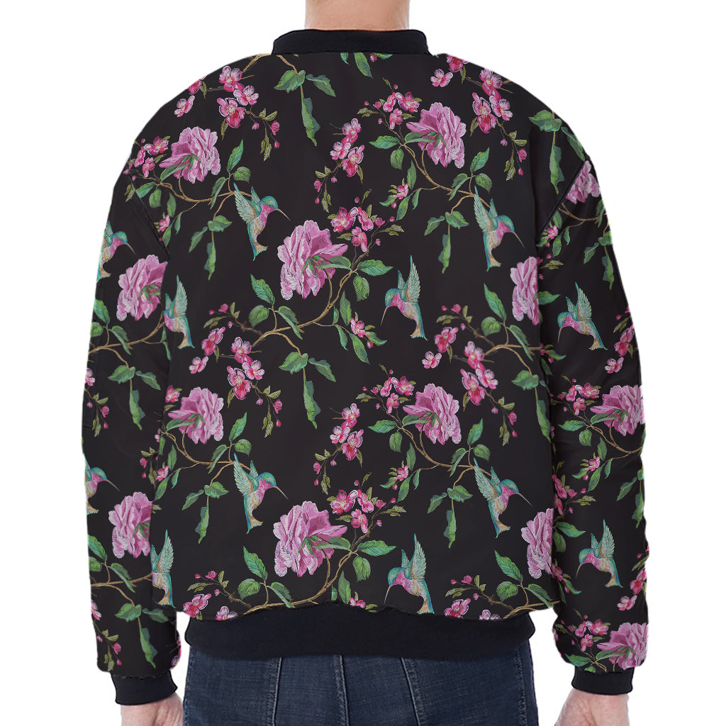 Vintage Floral Hummingbird Print Zip Sleeve Bomber Jacket
