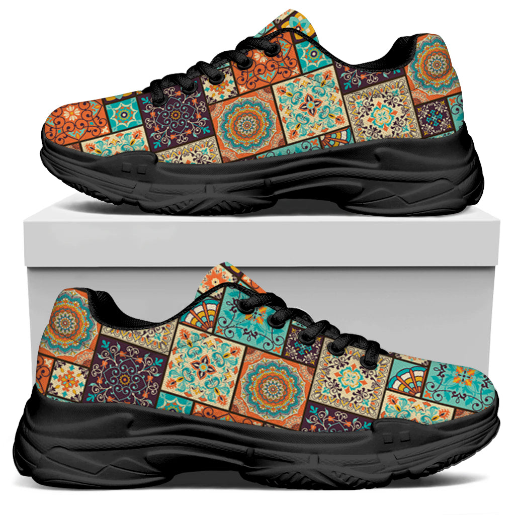 Vintage Floral Patchwork Pattern Print Black Chunky Shoes