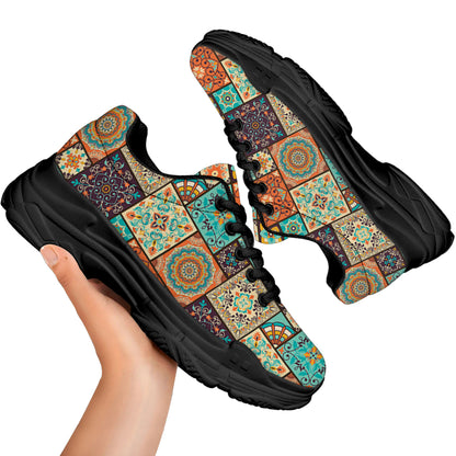 Vintage Floral Patchwork Pattern Print Black Chunky Shoes