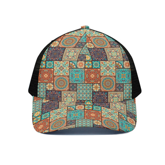 Vintage Floral Patchwork Pattern Print Black Mesh Trucker Cap