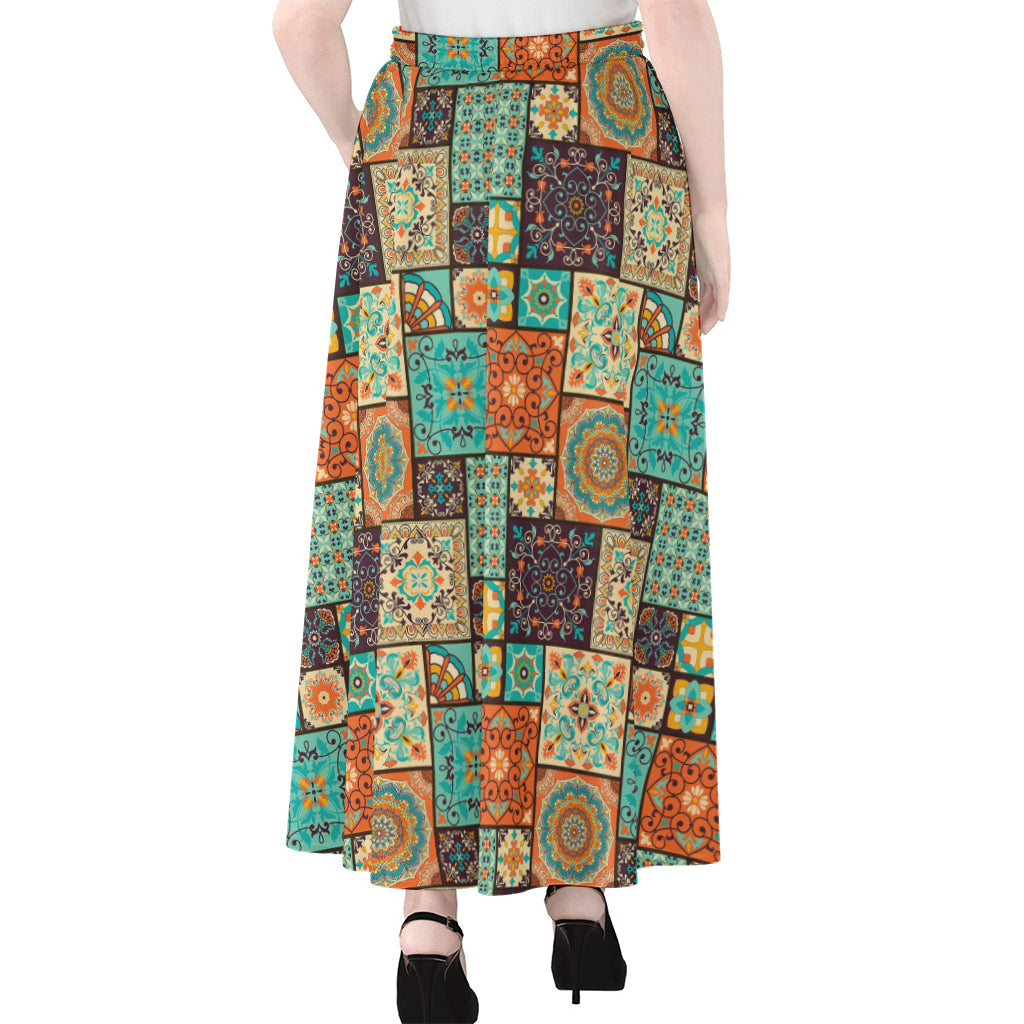 Vintage Floral Patchwork Pattern Print Chiffon Maxi Skirt