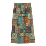 Vintage Floral Patchwork Pattern Print Cotton Front Slit Maxi Skirt
