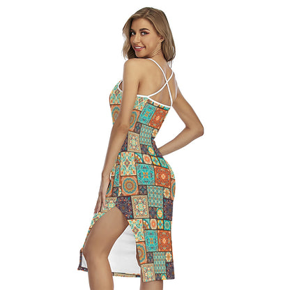 Vintage Floral Patchwork Pattern Print Cross Back Cami Dress