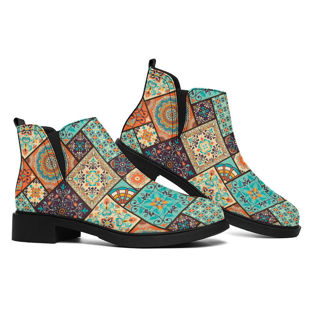 Vintage Floral Patchwork Pattern Print Flat Ankle Boots