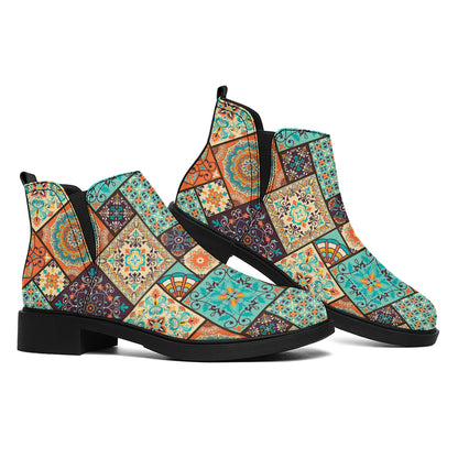 Vintage Floral Patchwork Pattern Print Flat Ankle Boots