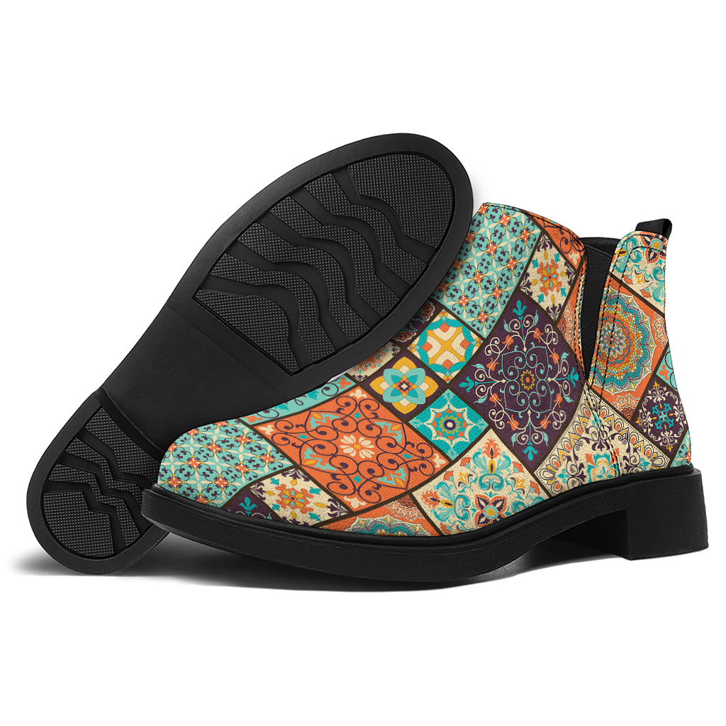 Vintage Floral Patchwork Pattern Print Flat Ankle Boots