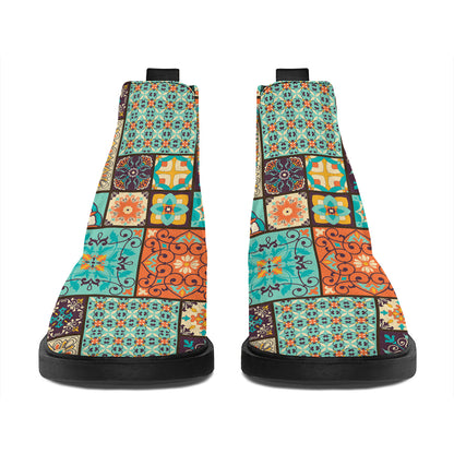 Vintage Floral Patchwork Pattern Print Flat Ankle Boots