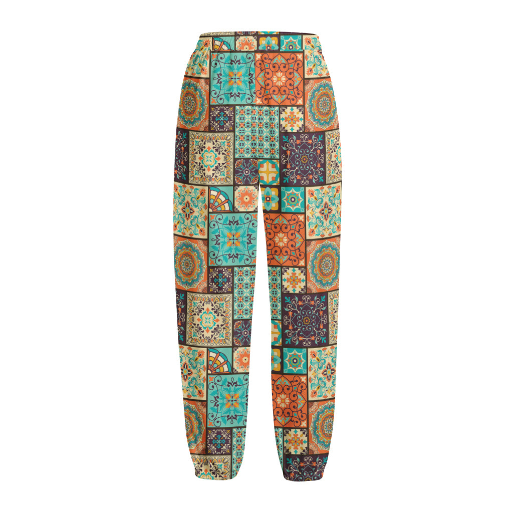 Vintage Floral Patchwork Pattern Print Fleece Lined Knit Pants